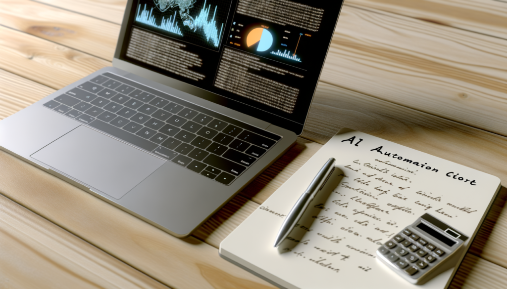 Professional workspace featuring a laptop with cost analysis graphs, a notepad, and a calculator in natural lighting.