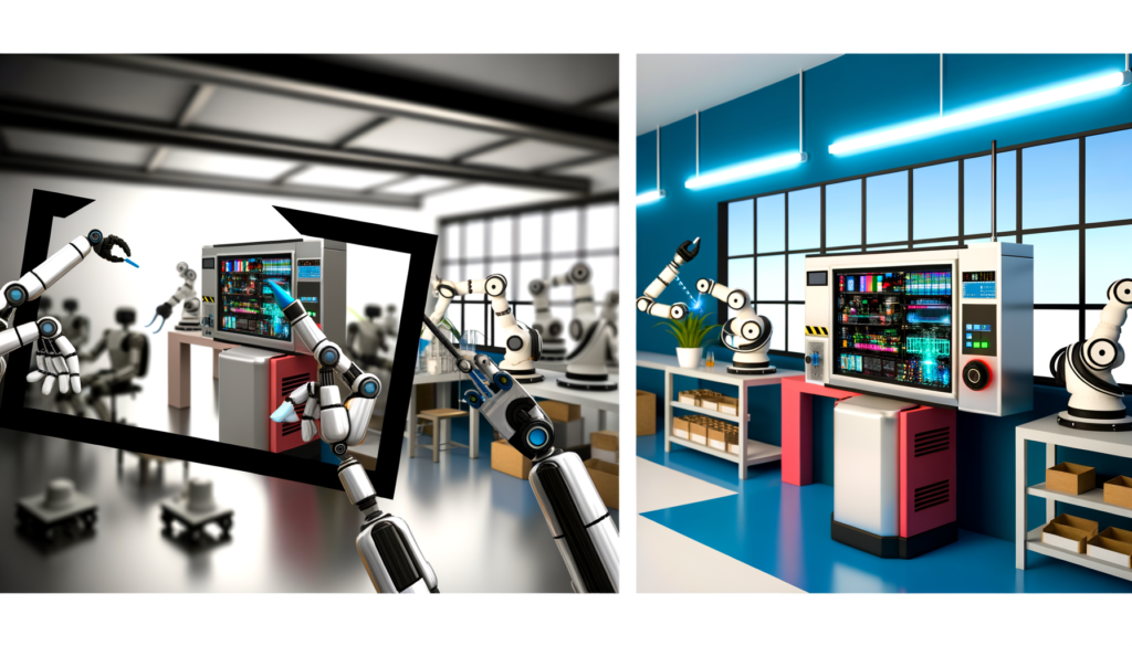 Side-by-side comparison of AI automation with robots and digital interfaces versus traditional automation with older machinery and manual controls.