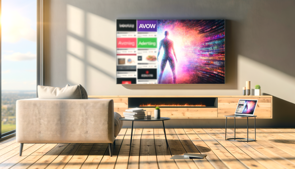 Realistic living room with AI-powered TV displaying dynamic ads, cozy sofa, and laptop showing e-commerce websites.