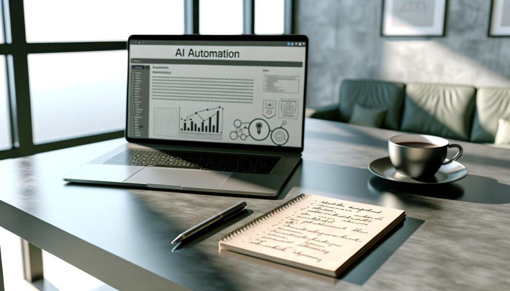 Realistic office scene showcasing AI automation tools, including a laptop with analytics, notepad, and coffee cup.