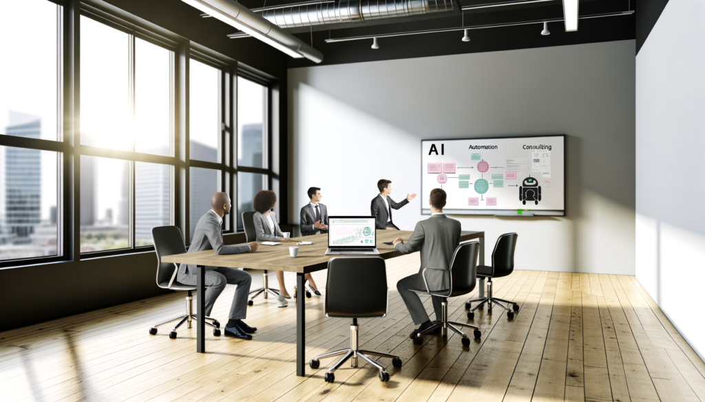 Diverse professionals discussing AI automation in a modern office with a laptop and whiteboard.