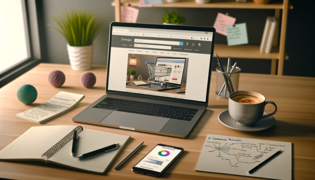 Professional workspace featuring a laptop, notes, and coffee, symbolizing e-commerce and AI automation.