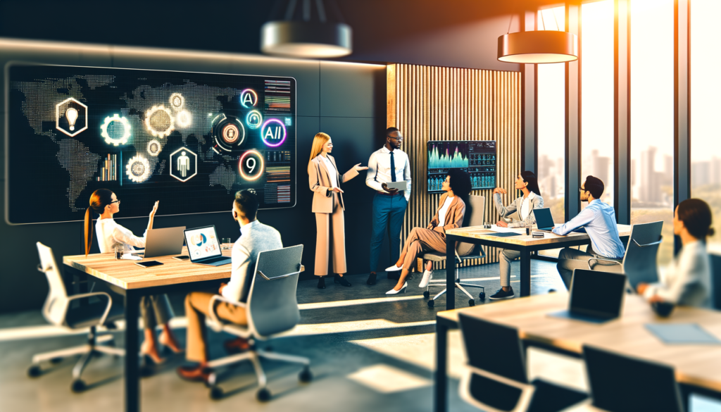 Diverse professionals discussing AI technology in a modern office with laptops and digital screens.