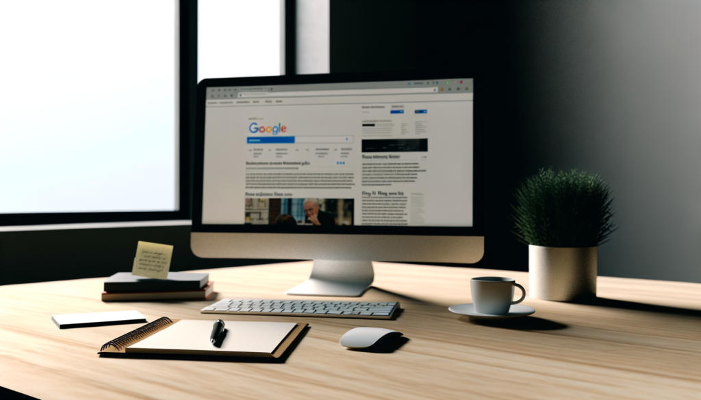 Realistic workspace featuring a computer displaying a search engine with news articles, coffee cup, notepad, and potted plant.