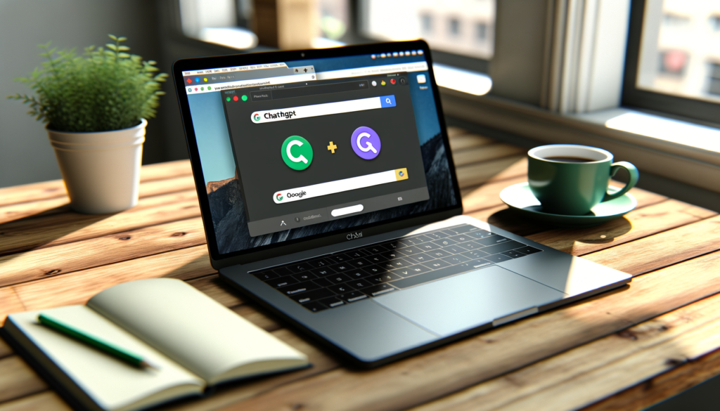 Side-by-side comparison of ChatGPT and Google search interfaces displayed on a laptop on a wooden desk.