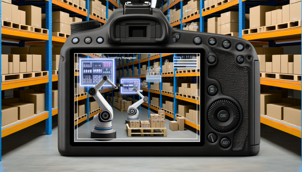 Professional photograph of a modern warehouse with AI automation, showcasing organized shelves, digital inventory displays, and robotic sorting.