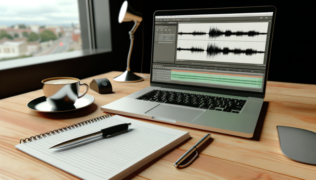 Modern workspace featuring a laptop displaying audio waveforms, surrounded by a notepad, pen, and coffee cup.