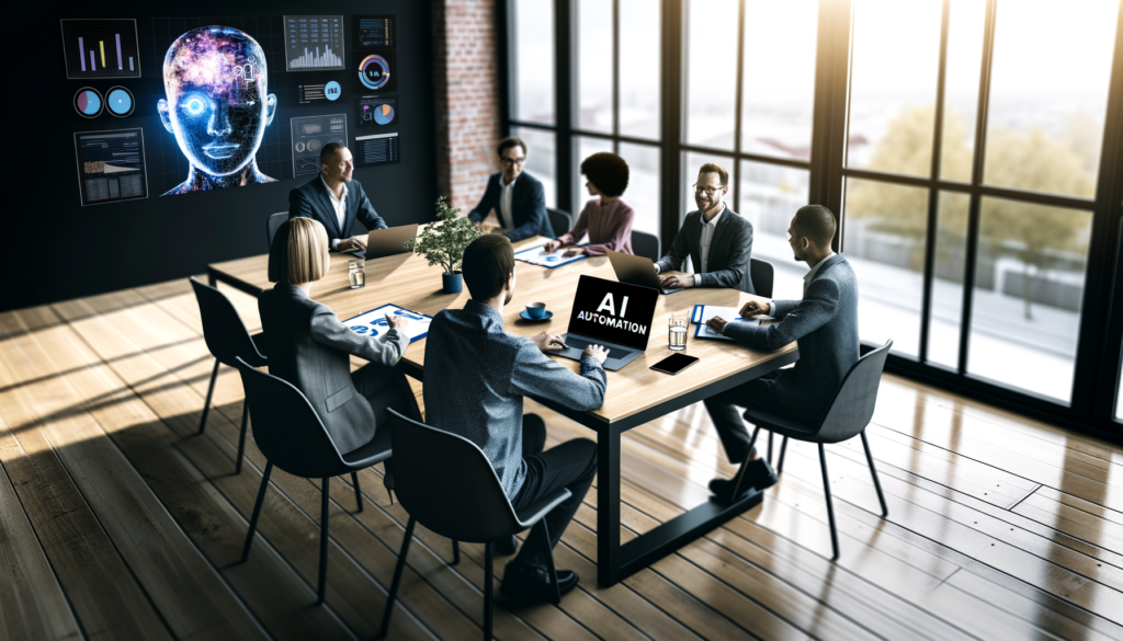 Diverse professionals discussing AI automation in a modern office setting with laptops and charts.