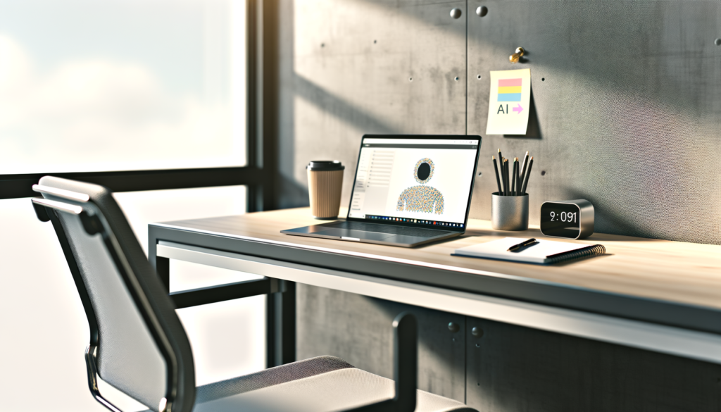 Modern startup office featuring a sleek desk, laptop with AI software, notepad, and coffee cup in natural light.