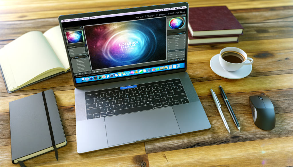 Modern laptop on a wooden desk displaying NotebookLlama logo, surrounded by notebooks and coffee.