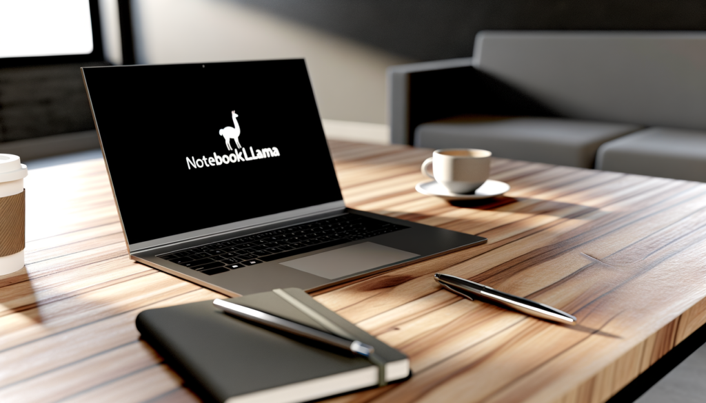 Highly realistic image of a modern workspace featuring a sleek laptop displaying the NotebookLlama logo on the screen.