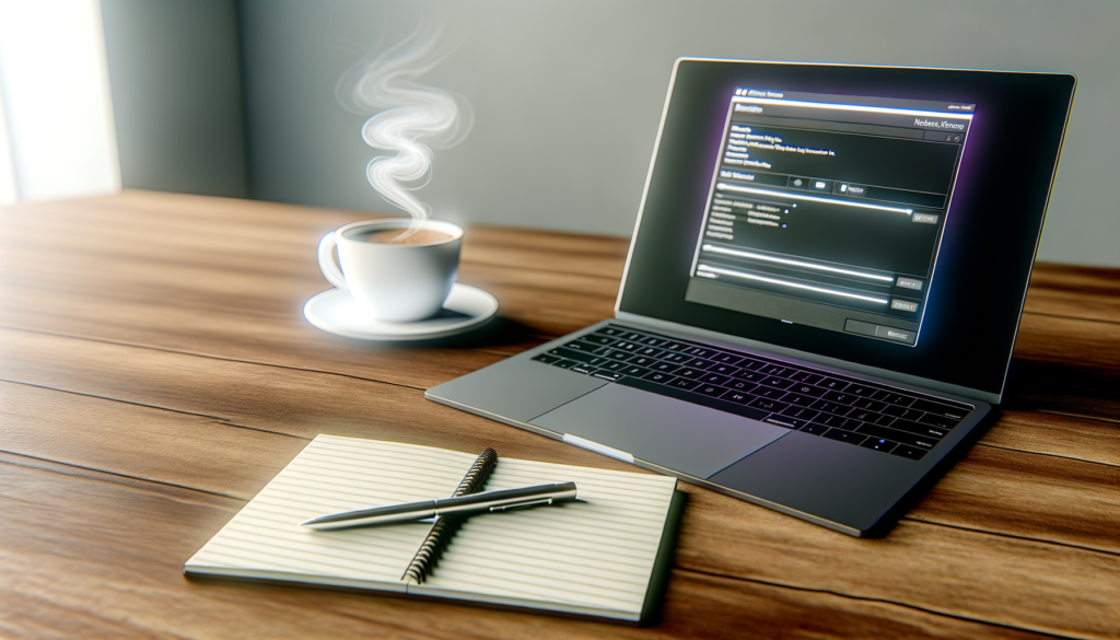 Highly realistic photo of a modern workspace featuring a laptop with NotebookLlama interface, notepad, pen, and coffee cup.