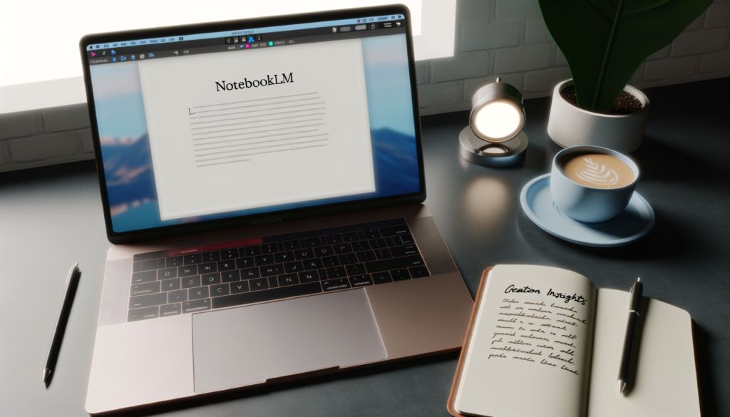 Realistic photo of a modern workspace featuring a laptop, notebook, coffee, and plant, highlighting NotebookLM insights.