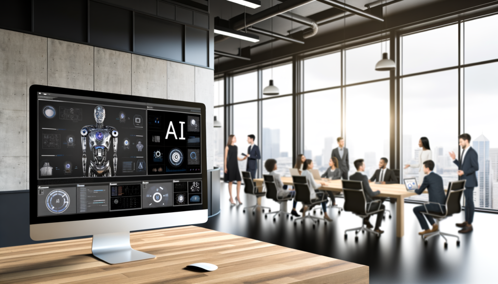 Realistic photo of a modern office showcasing AI automation solutions with professionals collaborating and data analytics on screens.