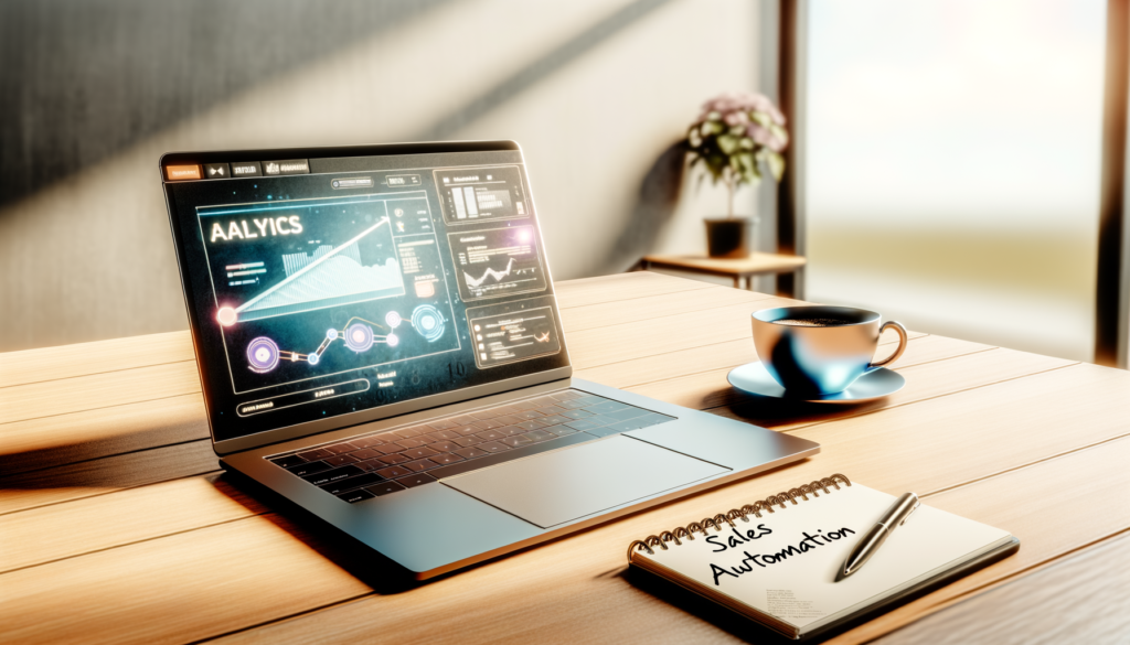 Realistic photo of a modern office desk with a laptop, notepad, and coffee cup, highlighting sales automation.