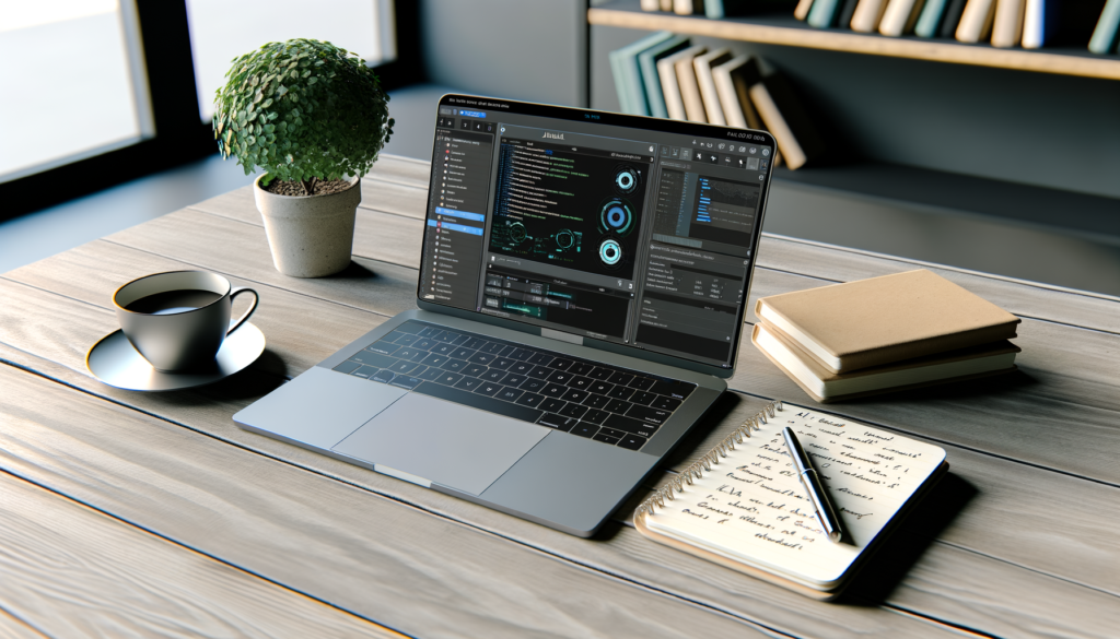 Realistic photo of a modern workspace featuring a laptop with AI automation dashboard, notepad, coffee cup, and potted plant.