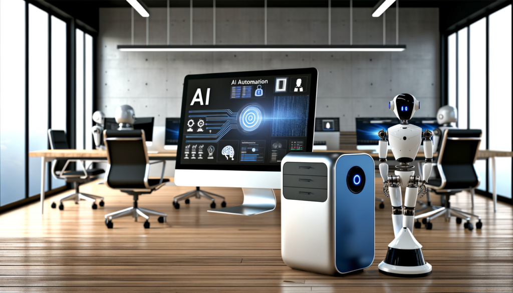 Highly realistic photograph of a modern office featuring AI automation technologies, including computers and robotic assistants.