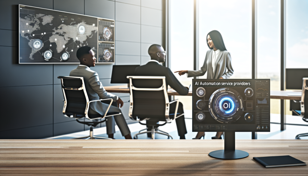 South Asian woman and Black man collaborating in a modern office showcasing AI automation technology and data analytics.