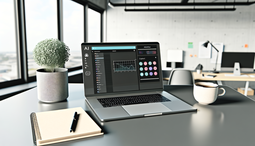 Highly realistic photo of a modern office workspace with a laptop displaying AI tools, notepad, coffee cup, and potted plant.