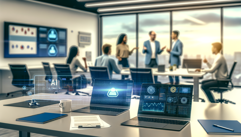 Diverse professionals collaborating in a modern office on AI automation projects with laptops and digital screens.