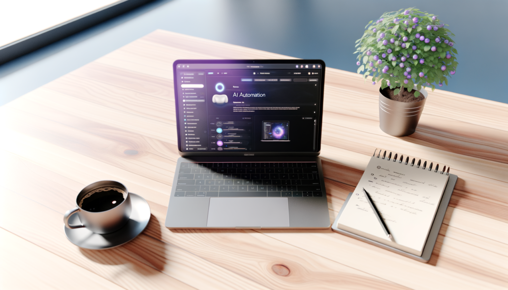 Highly realistic photo of a modern workspace with a laptop, notepad, coffee cup, and plant, showcasing AI automation.