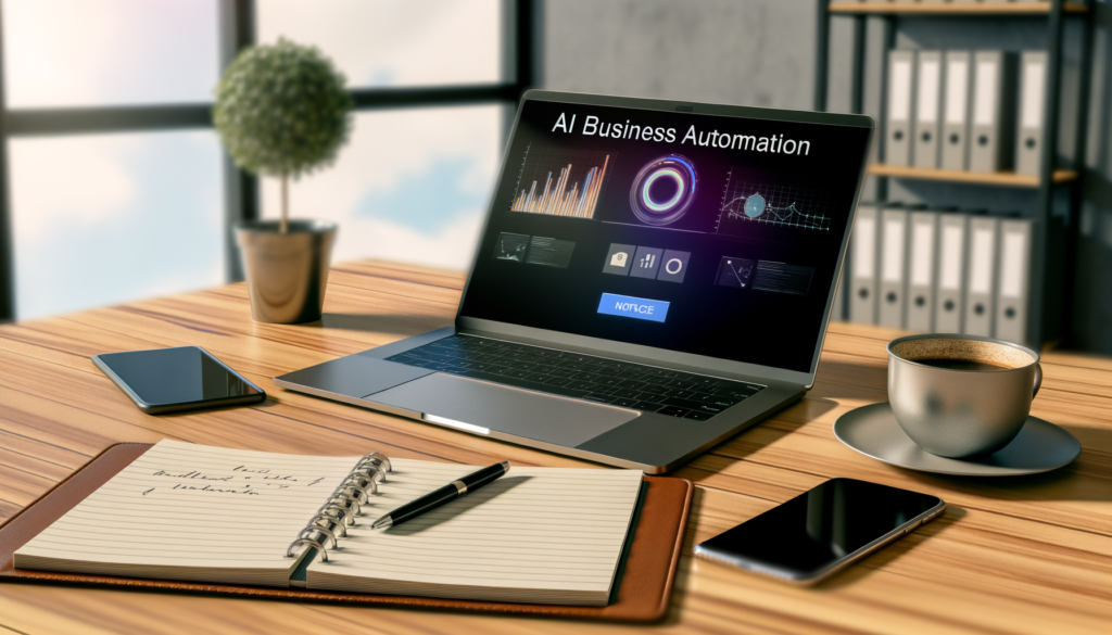 Highly realistic image of a modern office workspace showcasing AI business automation tools and a professional atmosphere.