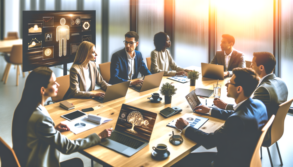 Diverse professionals brainstorming AI automation services in a modern office.