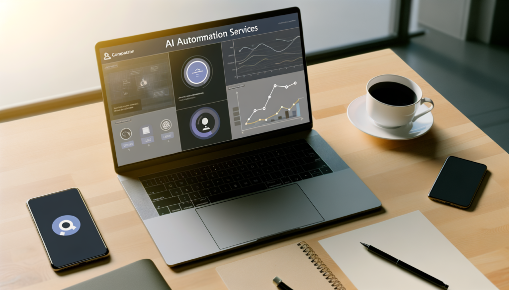 Realistic photo of a sleek workspace with a laptop showing AI service graphs, surrounded by a notepad, coffee cup, and smartphone.