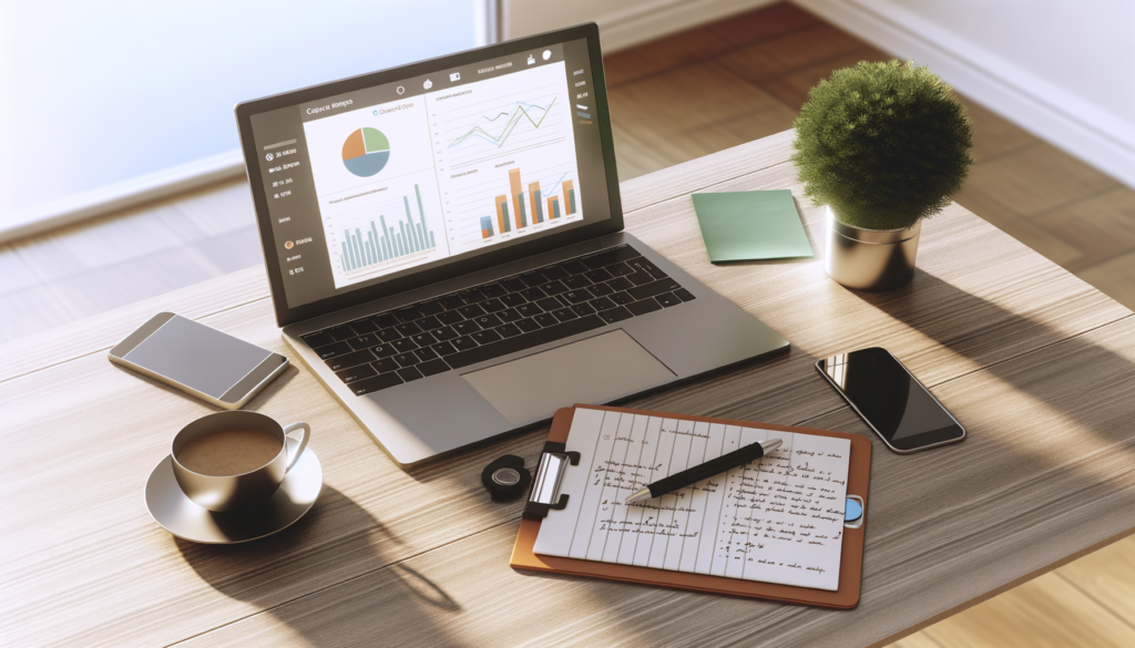 Highly realistic photo of a modern workspace illustrating AI automation agency benefits and challenges, featuring a laptop, notepad, coffee cup, and plant.