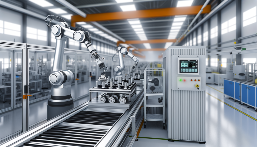 Highly realistic image of a modern manufacturing facility showcasing AI automation with robotic arms and workers.