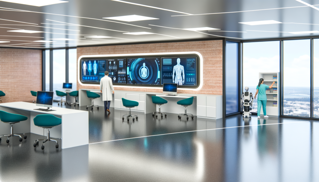 Highly realistic photo of a modern healthcare office showcasing AI technology and medical professionals interacting with digital interfaces.