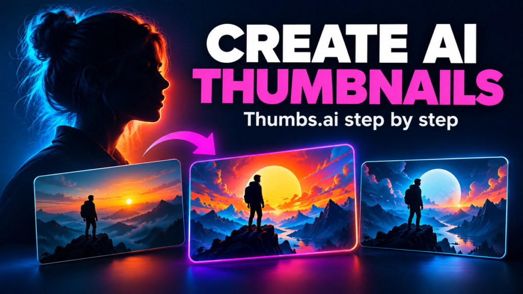 Illustration of a silhouetted creator beside three colorful thumbnail concepts, with the words Create AI Thumbnails.