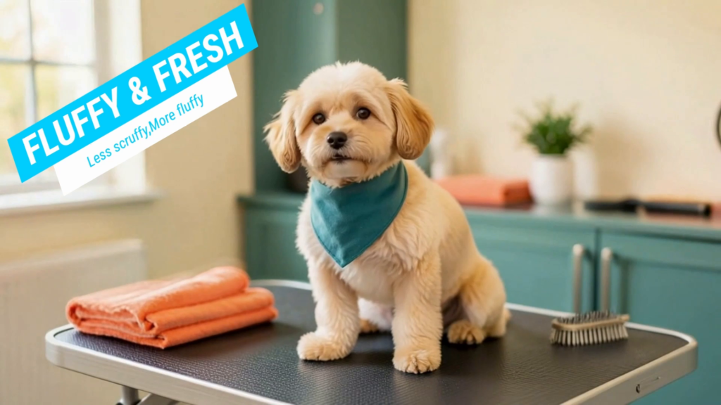 Fluffy and Fresh talking-dog ad opening: a golden dog in a teal bandana inside a cream and teal grooming salon, with the business title and Less scruffy More fluffy tagline.