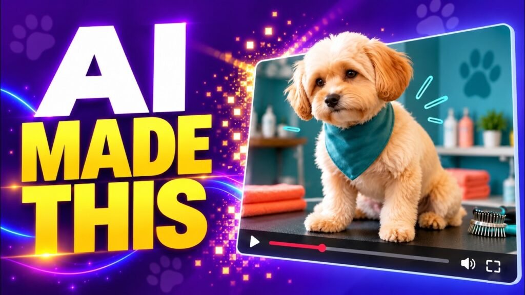 Original AI Stack YouTube thumbnail showing a fluffy dog in a grooming salon with the words AI Made This