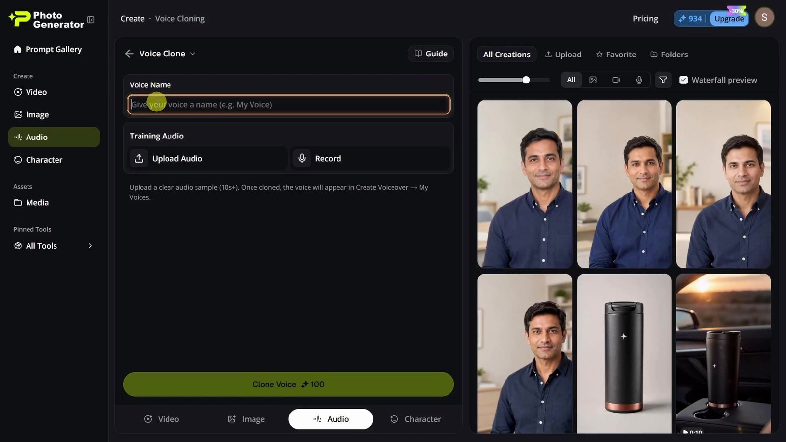 PhotoGenerator Voice Clone controls show the voice-name field, Upload Audio and Record options, beside generated spokesperson variations.