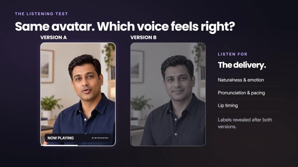 Two versions of the same generated NOVA spokesperson appear in the AI Stack listening test before the recorded and cloned voice labels are revealed.