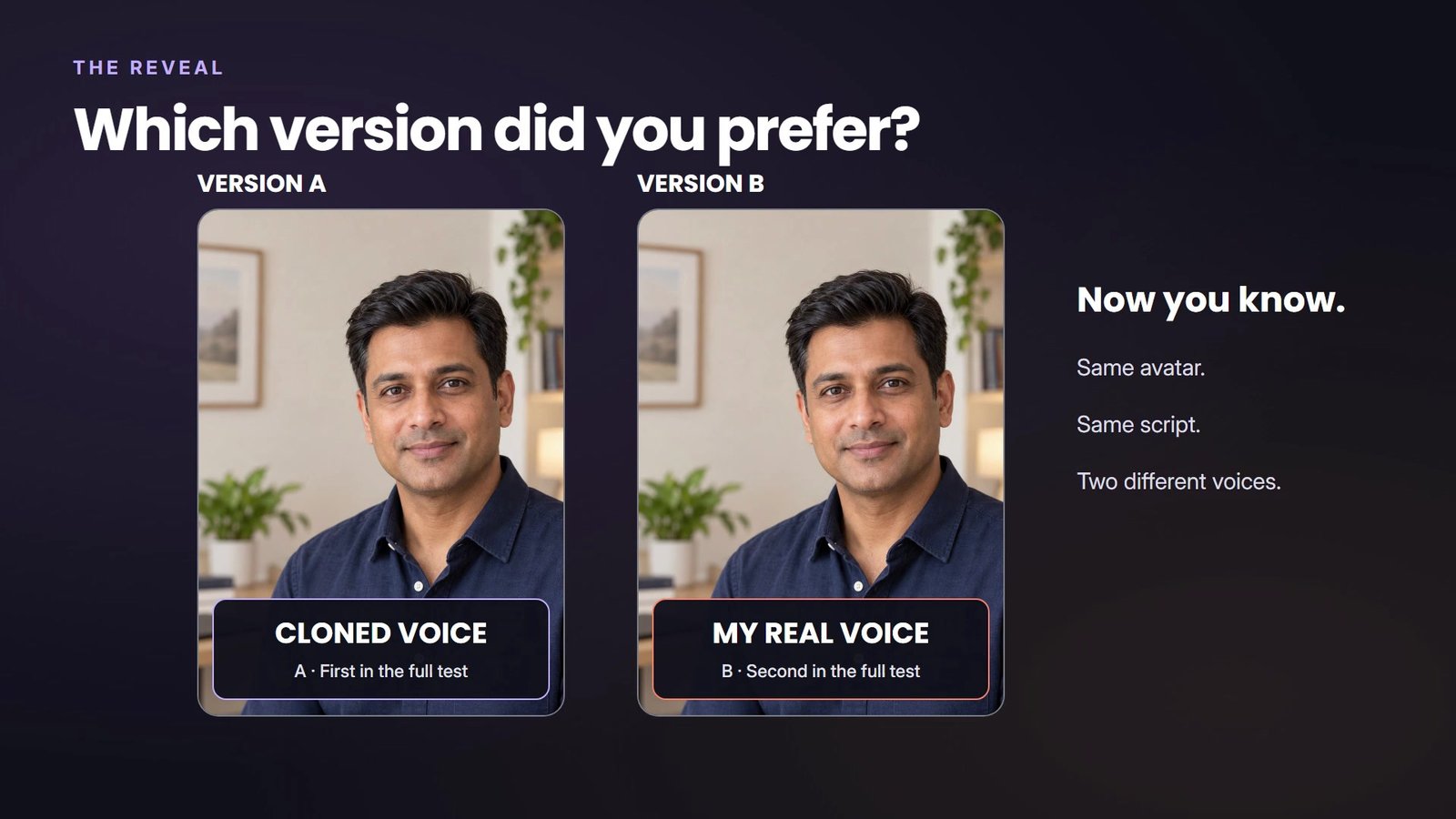 The finished NOVA avatar advertisements appear in the tutorial's comparison layout for evaluating the two voice approaches.
