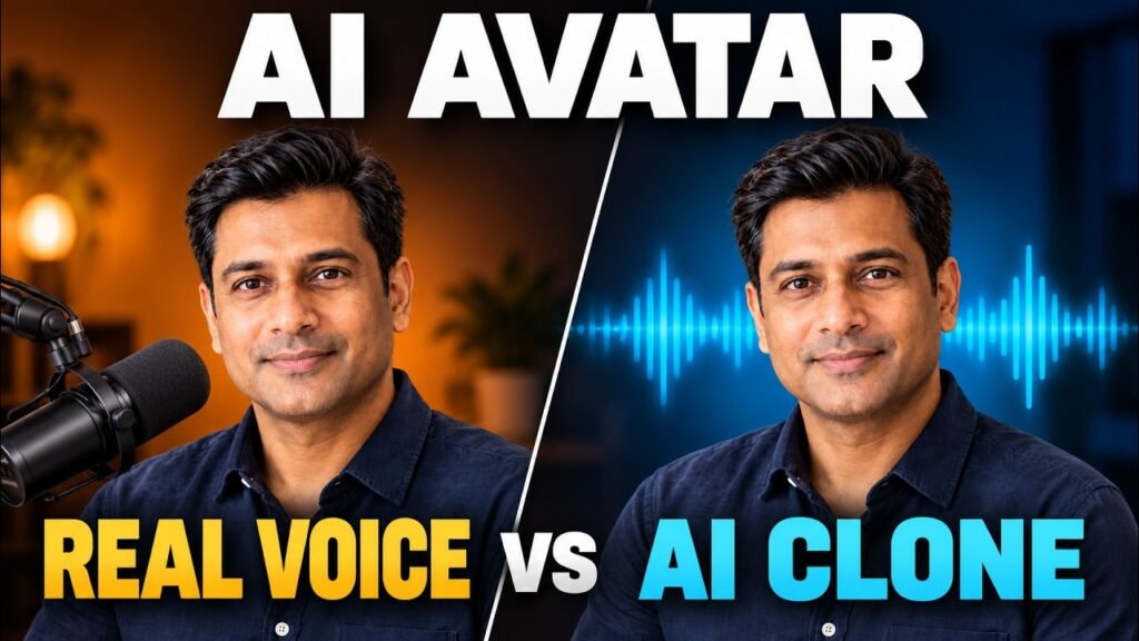 Original AI Stack YouTube thumbnail showing the same generated male avatar with a microphone and waveform, reading AI Avatar: Real Voice vs AI Clone.