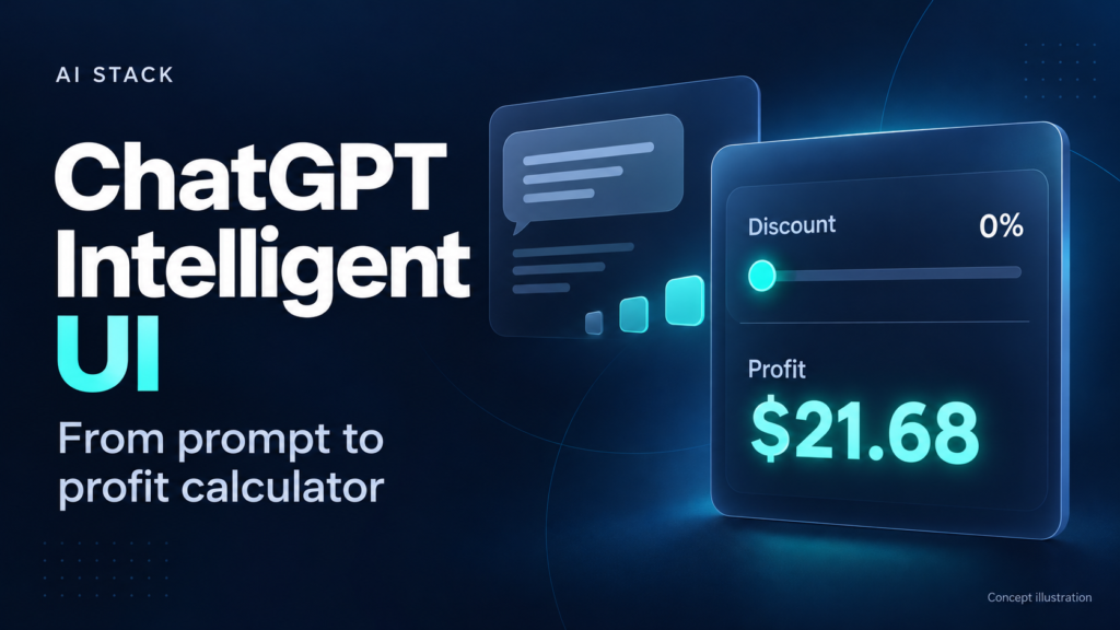 AI Stack concept illustration for ChatGPT Intelligent UI, showing a chat prompt becoming a profit calculator with a discount slider at 0% and $21.68 profit.