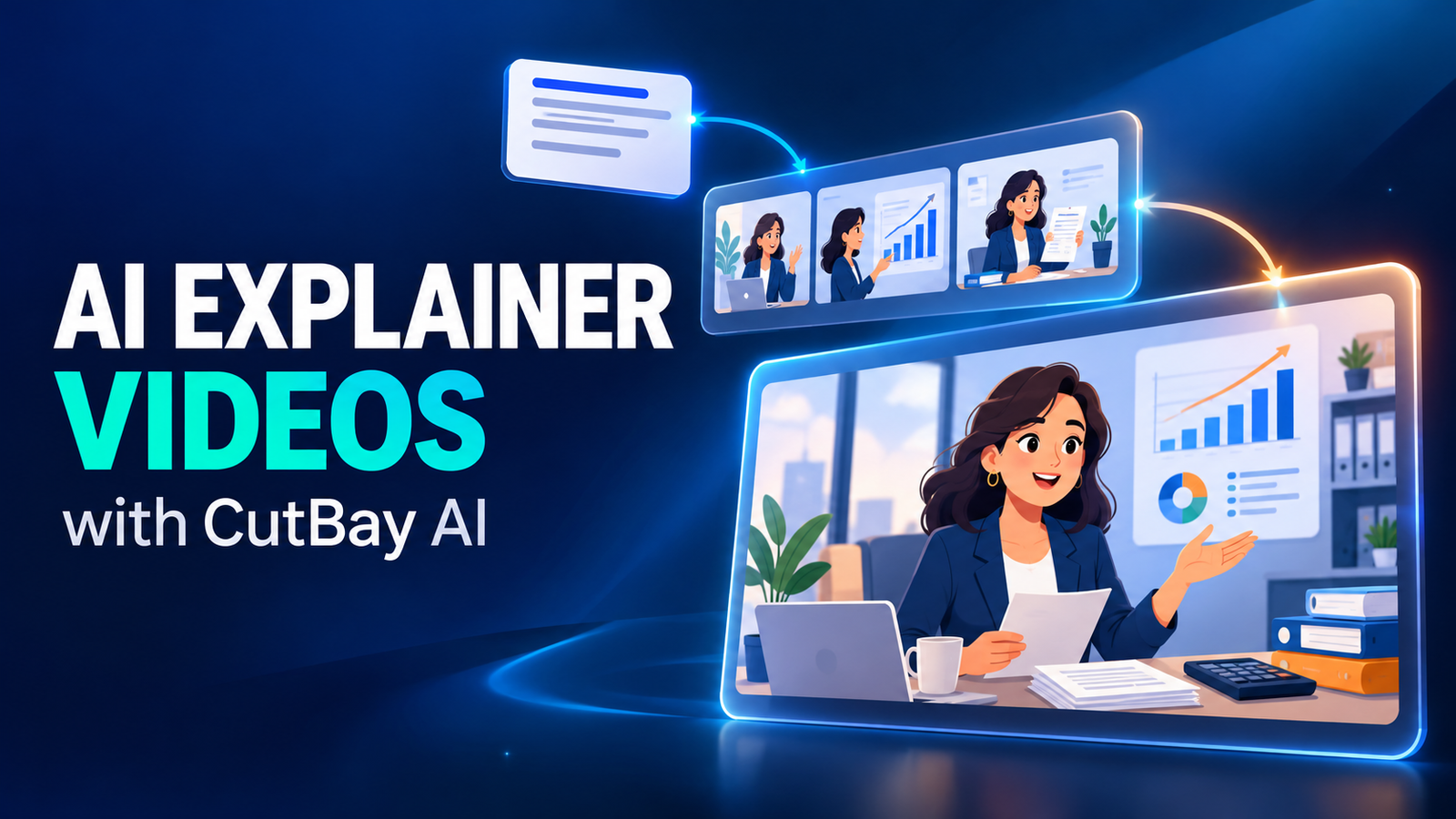 AI-generated illustration of a text brief becoming a storyboard and an animated bookkeeping explainer, with the title AI Explainer Videos with CutBay AI