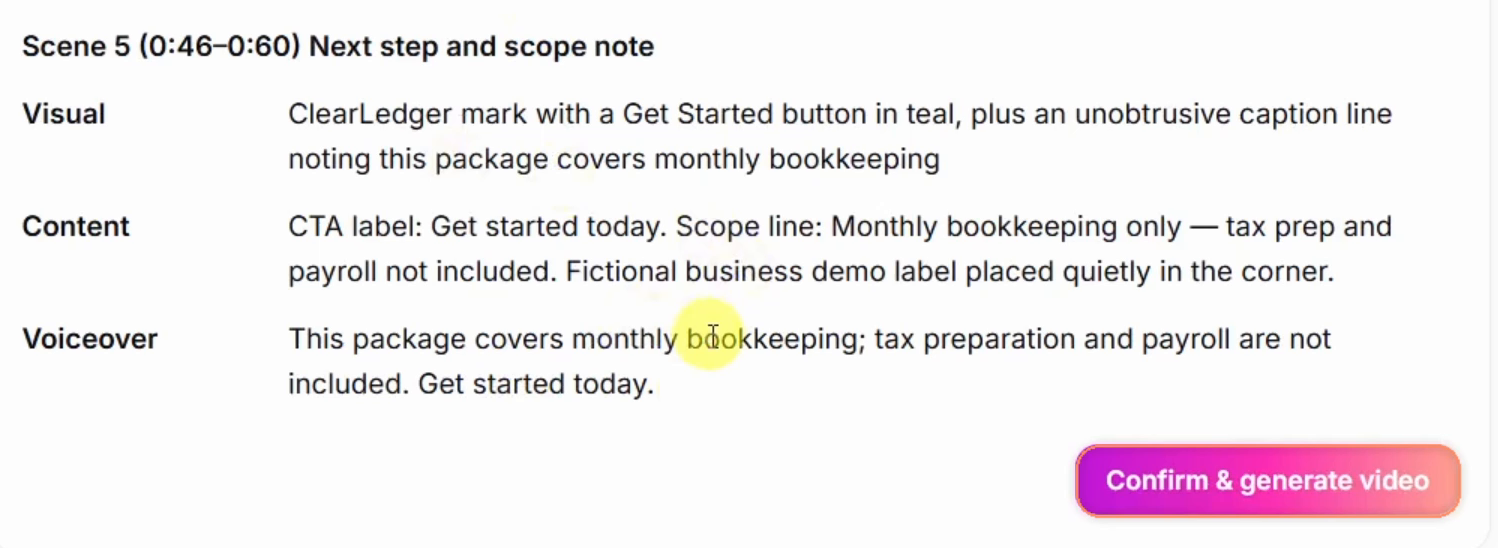 Final scene plan with Get started today, monthly-bookkeeping exclusions and the Confirm and generate video button