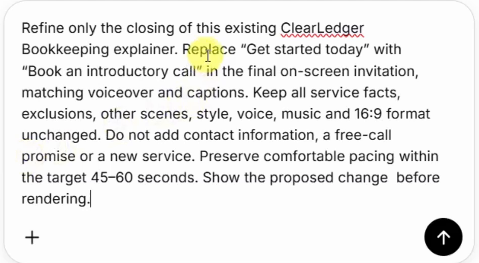 Chat input asking to replace Get started today with Book an introductory call in the final invitation, voiceover and captions