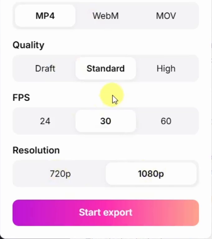 CutBay export panel with MP4 format, Standard quality, 30 FPS and 1080p selected above Start export
