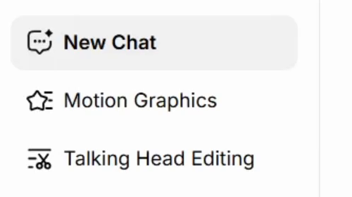CutBay sidebar showing New Chat selected above Motion Graphics and Talking Head Editing