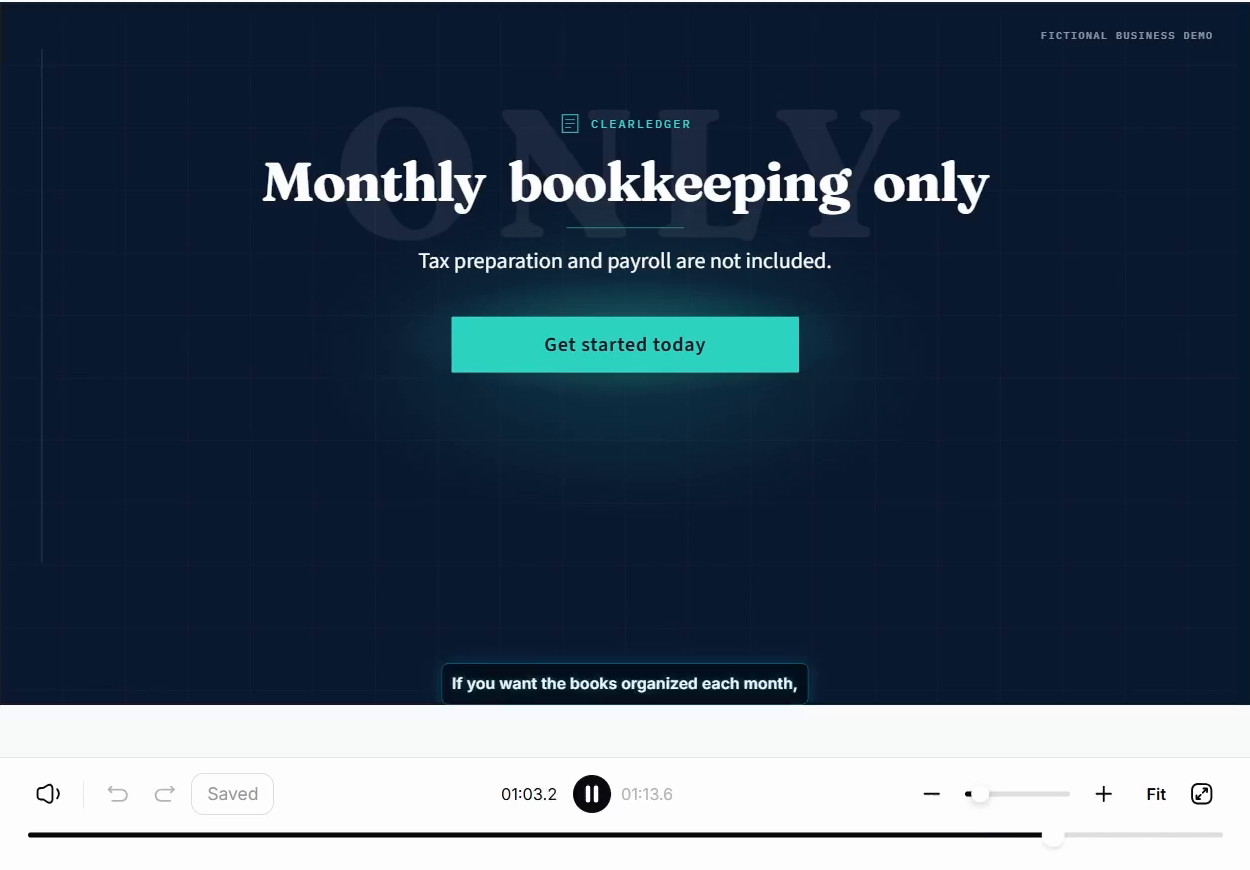 Original ClearLedger closing showing Monthly bookkeeping only, tax and payroll exclusions, and Get started today