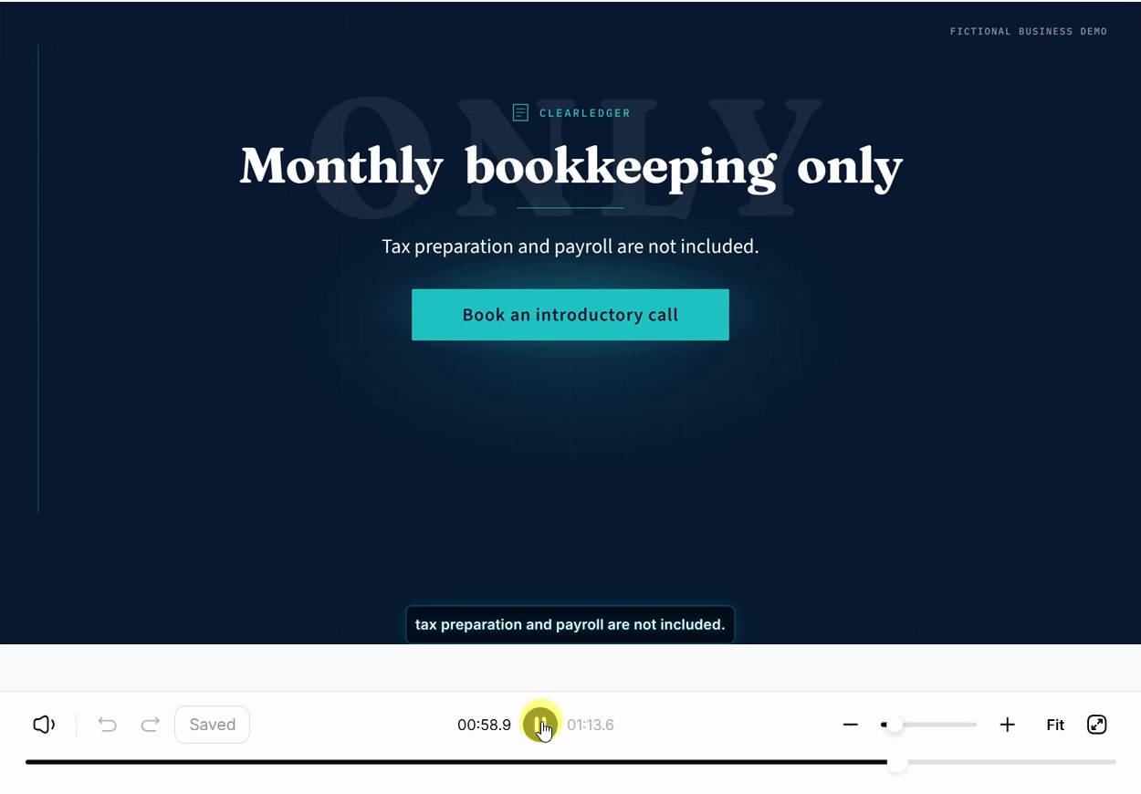Revised ClearLedger closing showing Book an introductory call below Monthly bookkeeping only and the tax and payroll exclusions
