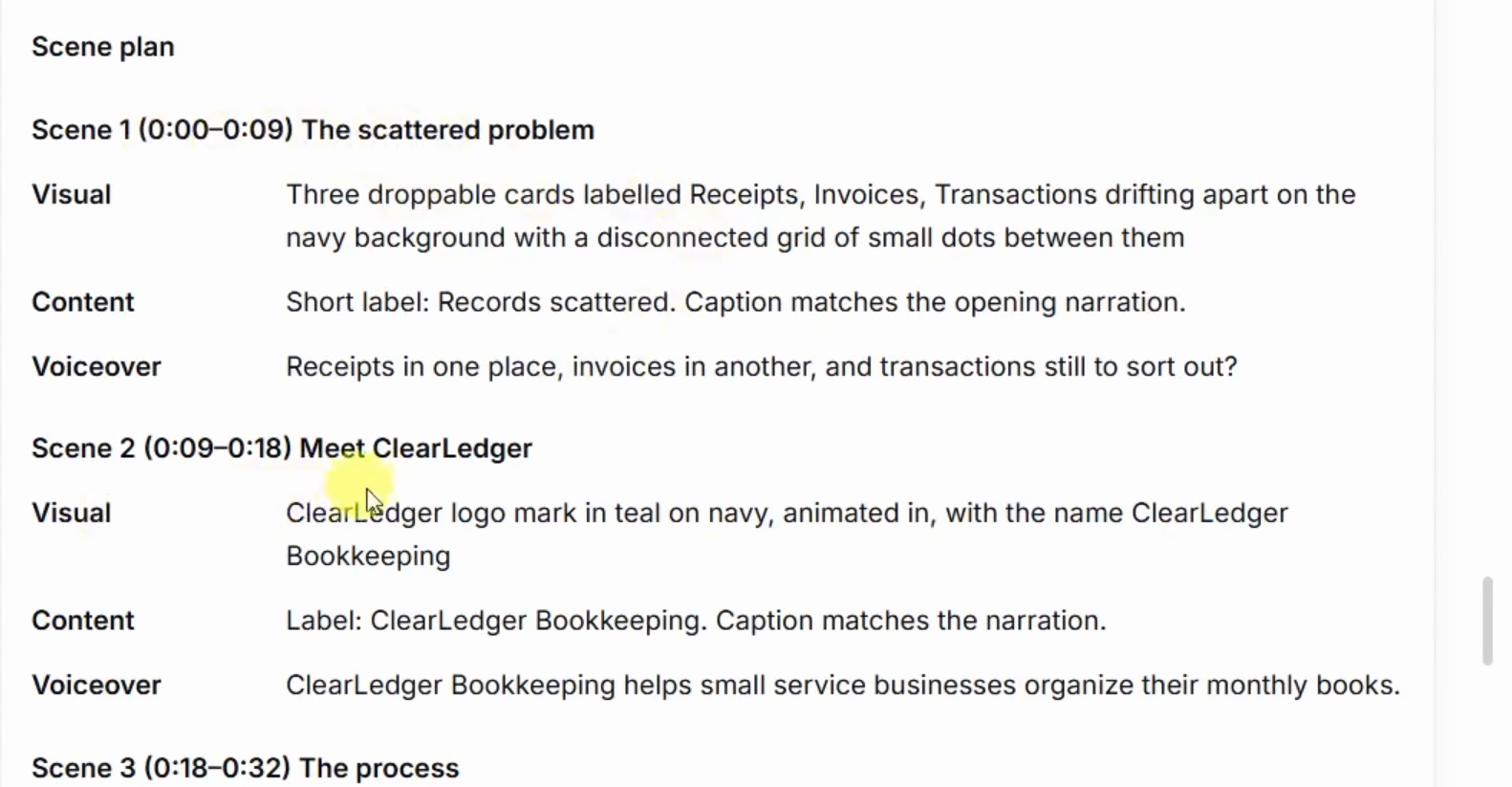 CutBay scene plan showing The scattered problem and Meet ClearLedger with visuals, labels and voiceover text