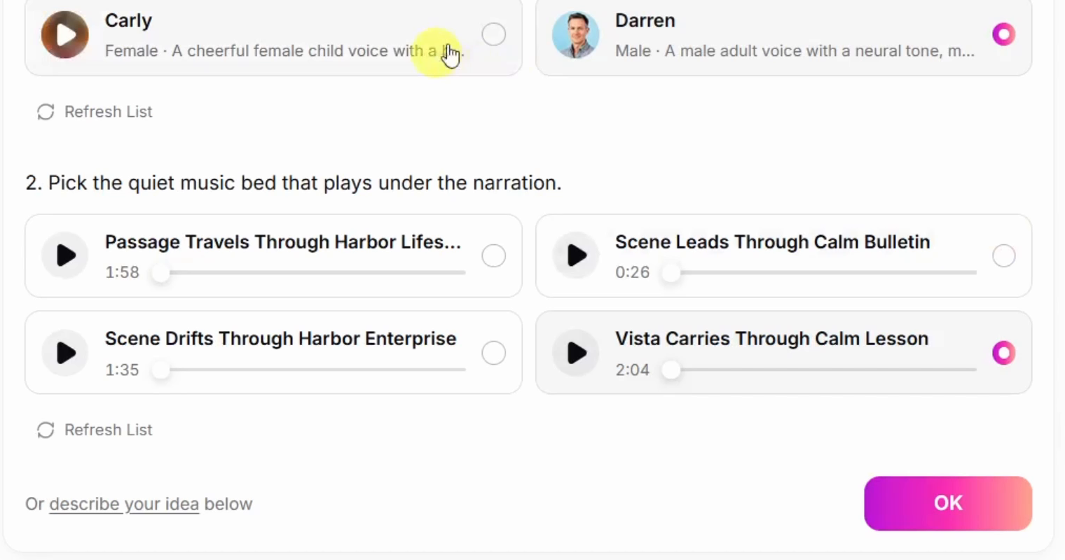Selected radio buttons beside Darren narrator and Vista Carries Through Calm Lesson music, with the OK button below