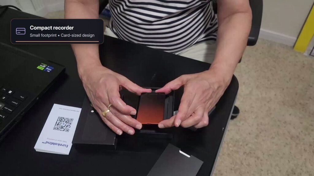 EurekaMind compact voice recorder being unboxed in the AI Stack tutorial.
