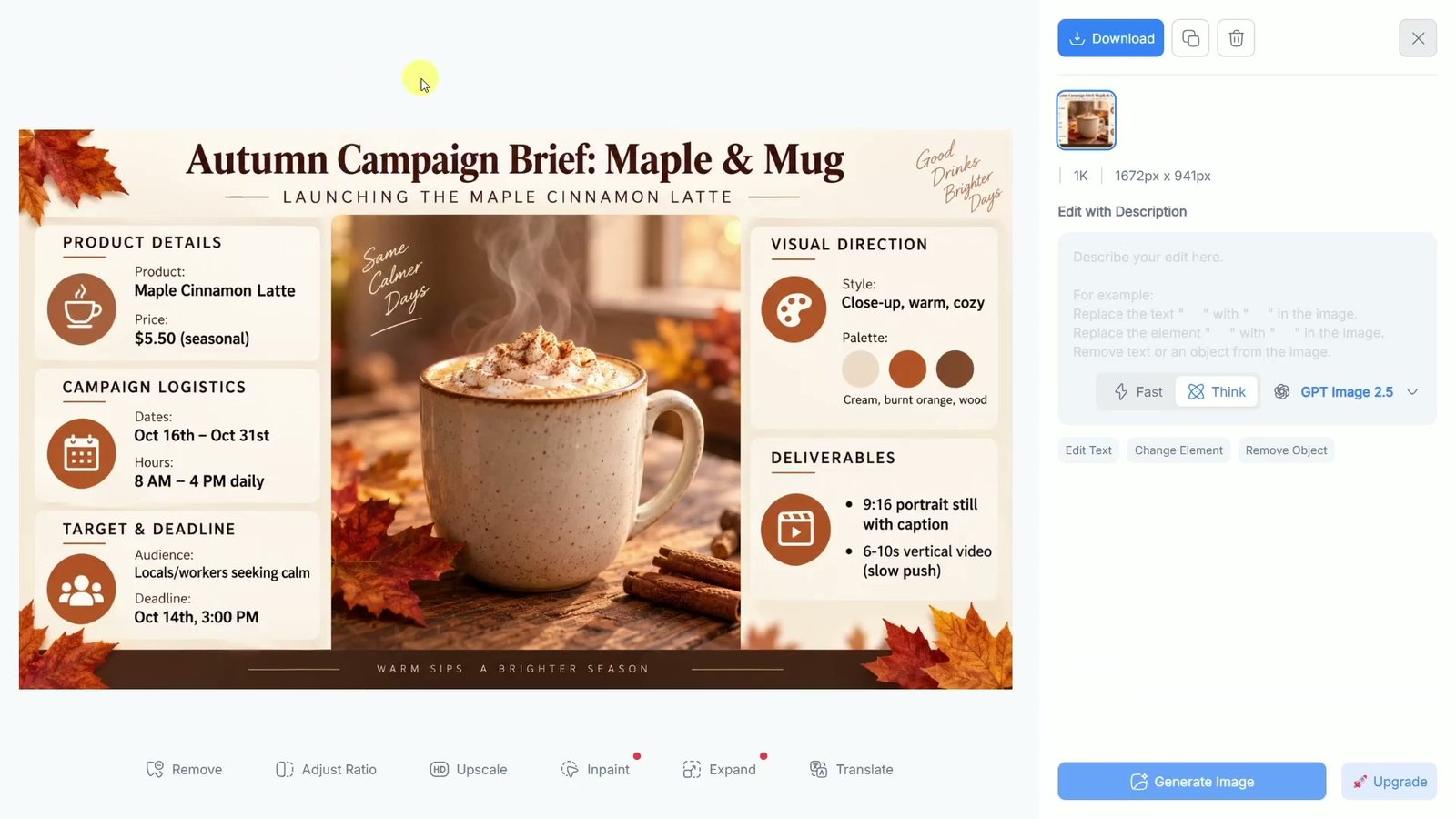NoteGPT shows an autumn campaign infographic for fictional café Maple and Mug, including the latte price, campaign dates, visual direction and required deliverables.